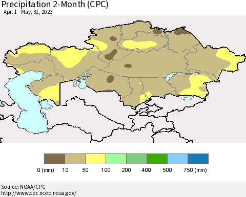Kazakhstan Precipitation 2-Month (CPC) Thematic Map For 4/1/2023 - 5/31/2023