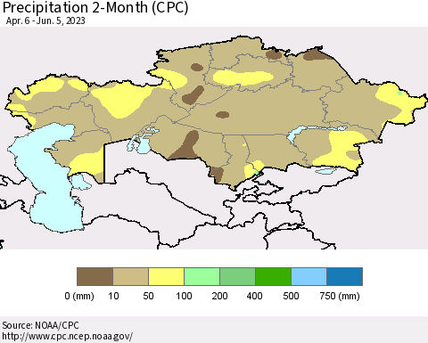 Kazakhstan Precipitation 2-Month (CPC) Thematic Map For 4/6/2023 - 6/5/2023