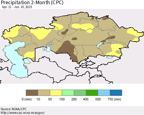 Kazakhstan Precipitation 2-Month (CPC) Thematic Map For 4/11/2023 - 6/10/2023