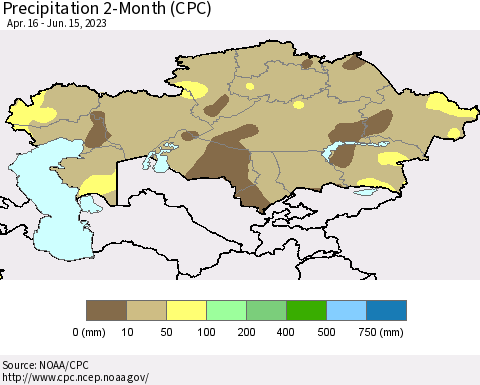 Kazakhstan Precipitation 2-Month (CPC) Thematic Map For 4/16/2023 - 6/15/2023
