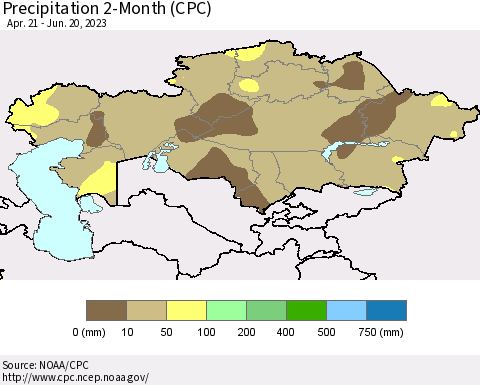 Kazakhstan Precipitation 2-Month (CPC) Thematic Map For 4/21/2023 - 6/20/2023