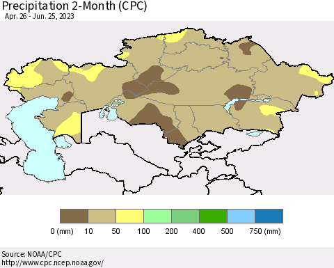 Kazakhstan Precipitation 2-Month (CPC) Thematic Map For 4/26/2023 - 6/25/2023