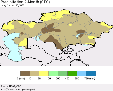 Kazakhstan Precipitation 2-Month (CPC) Thematic Map For 5/1/2023 - 6/30/2023