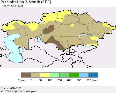 Kazakhstan Precipitation 2-Month (CPC) Thematic Map For 5/6/2023 - 7/5/2023