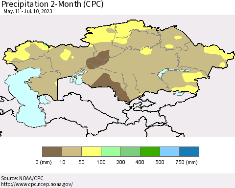 Kazakhstan Precipitation 2-Month (CPC) Thematic Map For 5/11/2023 - 7/10/2023
