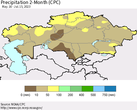 Kazakhstan Precipitation 2-Month (CPC) Thematic Map For 5/16/2023 - 7/15/2023