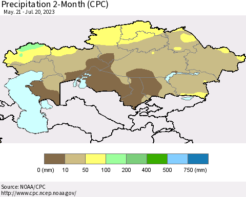 Kazakhstan Precipitation 2-Month (CPC) Thematic Map For 5/21/2023 - 7/20/2023