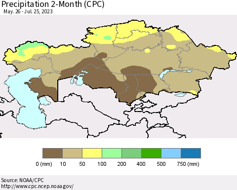 Kazakhstan Precipitation 2-Month (CPC) Thematic Map For 5/26/2023 - 7/25/2023