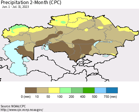 Kazakhstan Precipitation 2-Month (CPC) Thematic Map For 6/1/2023 - 7/31/2023