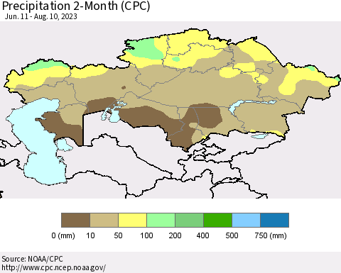 Kazakhstan Precipitation 2-Month (CPC) Thematic Map For 6/11/2023 - 8/10/2023