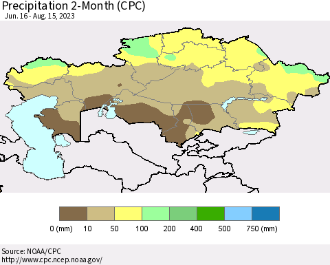 Kazakhstan Precipitation 2-Month (CPC) Thematic Map For 6/16/2023 - 8/15/2023