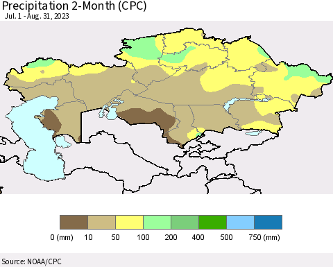 Kazakhstan Precipitation 2-Month (CPC) Thematic Map For 7/1/2023 - 8/31/2023