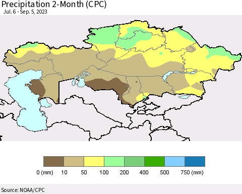 Kazakhstan Precipitation 2-Month (CPC) Thematic Map For 7/6/2023 - 9/5/2023
