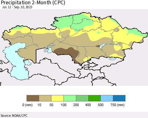 Kazakhstan Precipitation 2-Month (CPC) Thematic Map For 7/11/2023 - 9/10/2023