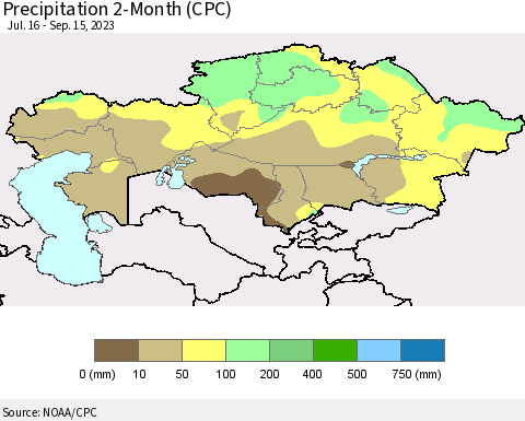 Kazakhstan Precipitation 2-Month (CPC) Thematic Map For 7/16/2023 - 9/15/2023