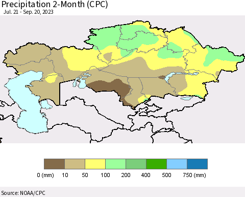 Kazakhstan Precipitation 2-Month (CPC) Thematic Map For 7/21/2023 - 9/20/2023