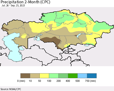 Kazakhstan Precipitation 2-Month (CPC) Thematic Map For 7/26/2023 - 9/25/2023