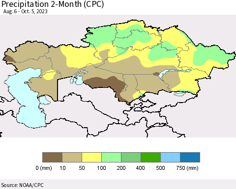 Kazakhstan Precipitation 2-Month (CPC) Thematic Map For 8/6/2023 - 10/5/2023