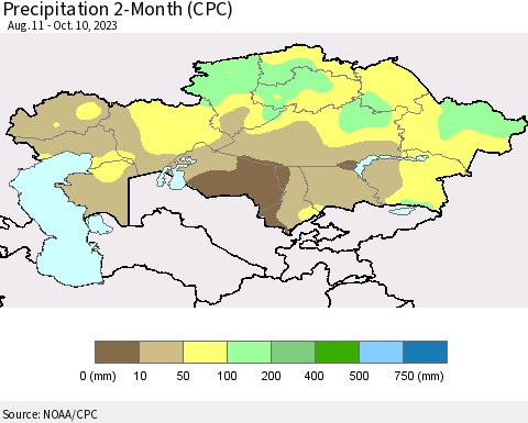 Kazakhstan Precipitation 2-Month (CPC) Thematic Map For 8/11/2023 - 10/10/2023