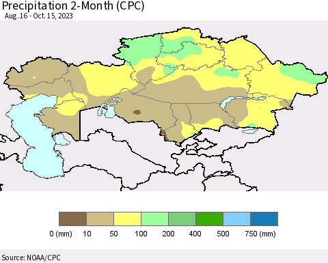Kazakhstan Precipitation 2-Month (CPC) Thematic Map For 8/16/2023 - 10/15/2023