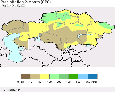 Kazakhstan Precipitation 2-Month (CPC) Thematic Map For 8/21/2023 - 10/20/2023