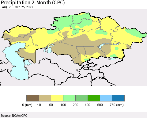 Kazakhstan Precipitation 2-Month (CPC) Thematic Map For 8/26/2023 - 10/25/2023