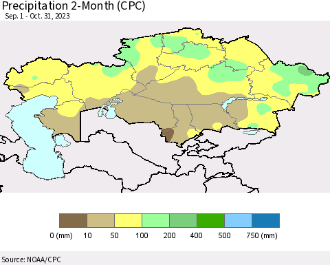 Kazakhstan Precipitation 2-Month (CPC) Thematic Map For 9/1/2023 - 10/31/2023