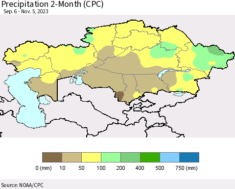 Kazakhstan Precipitation 2-Month (CPC) Thematic Map For 9/6/2023 - 11/5/2023
