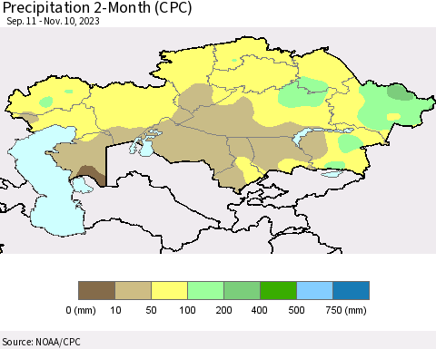 Kazakhstan Precipitation 2-Month (CPC) Thematic Map For 9/11/2023 - 11/10/2023