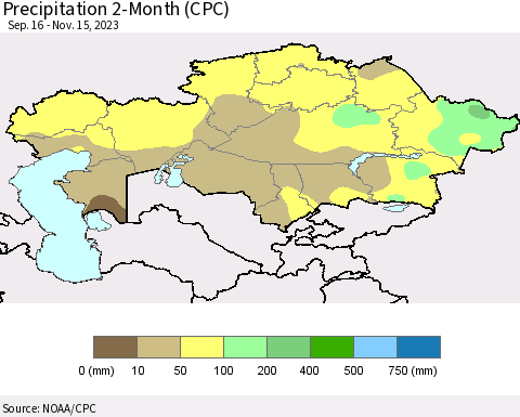 Kazakhstan Precipitation 2-Month (CPC) Thematic Map For 9/16/2023 - 11/15/2023