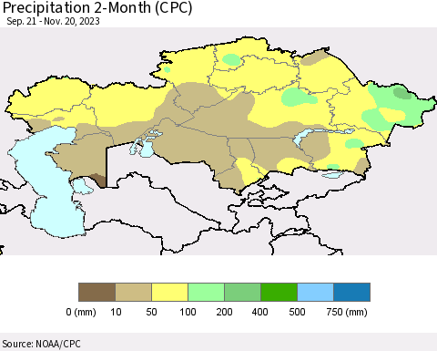 Kazakhstan Precipitation 2-Month (CPC) Thematic Map For 9/21/2023 - 11/20/2023