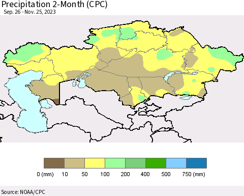 Kazakhstan Precipitation 2-Month (CPC) Thematic Map For 9/26/2023 - 11/25/2023