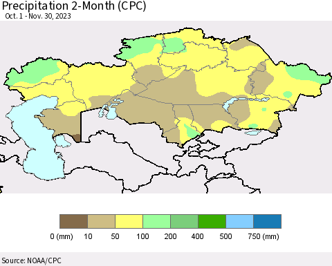 Kazakhstan Precipitation 2-Month (CPC) Thematic Map For 10/1/2023 - 11/30/2023
