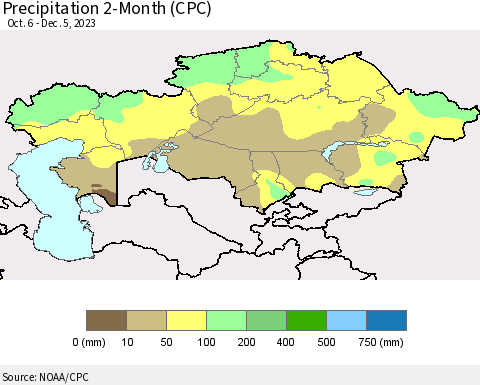 Kazakhstan Precipitation 2-Month (CPC) Thematic Map For 10/6/2023 - 12/5/2023