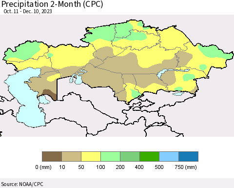 Kazakhstan Precipitation 2-Month (CPC) Thematic Map For 10/11/2023 - 12/10/2023