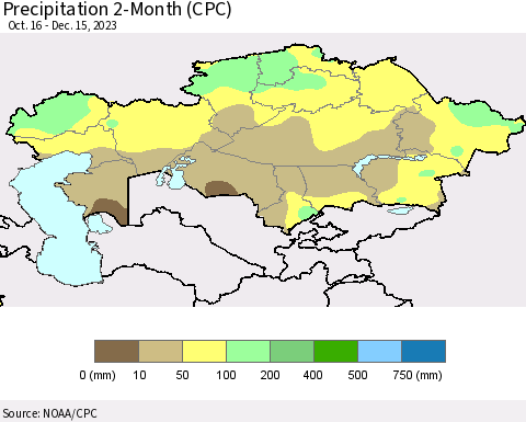 Kazakhstan Precipitation 2-Month (CPC) Thematic Map For 10/16/2023 - 12/15/2023