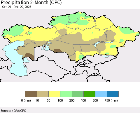 Kazakhstan Precipitation 2-Month (CPC) Thematic Map For 10/21/2023 - 12/20/2023