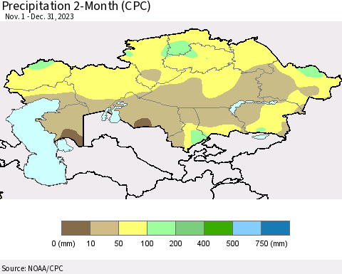 Kazakhstan Precipitation 2-Month (CPC) Thematic Map For 11/1/2023 - 12/31/2023