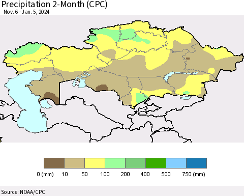 Kazakhstan Precipitation 2-Month (CPC) Thematic Map For 11/6/2023 - 1/5/2024
