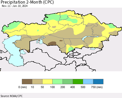 Kazakhstan Precipitation 2-Month (CPC) Thematic Map For 11/11/2023 - 1/10/2024