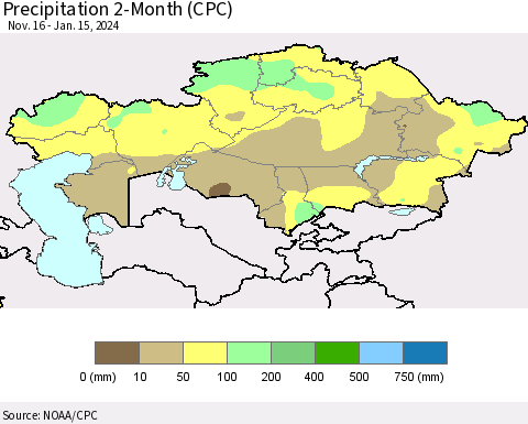 Kazakhstan Precipitation 2-Month (CPC) Thematic Map For 11/16/2023 - 1/15/2024