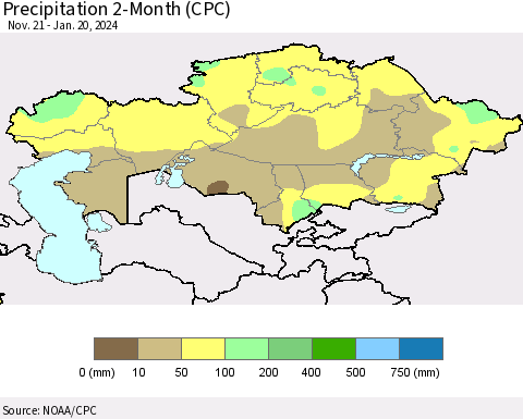 Kazakhstan Precipitation 2-Month (CPC) Thematic Map For 11/21/2023 - 1/20/2024