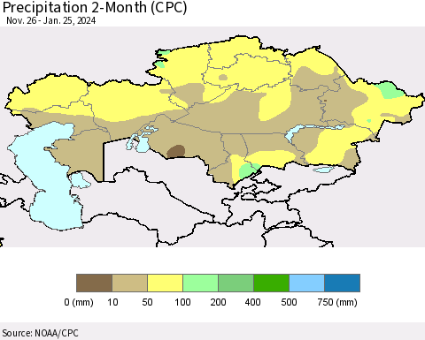 Kazakhstan Precipitation 2-Month (CPC) Thematic Map For 11/26/2023 - 1/25/2024