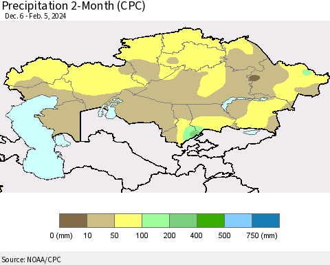 Kazakhstan Precipitation 2-Month (CPC) Thematic Map For 12/6/2023 - 2/5/2024