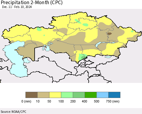 Kazakhstan Precipitation 2-Month (CPC) Thematic Map For 12/11/2023 - 2/10/2024