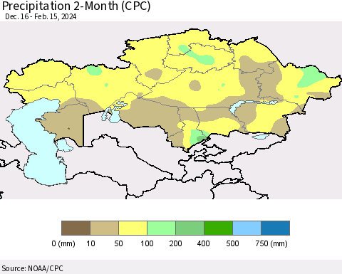 Kazakhstan Precipitation 2-Month (CPC) Thematic Map For 12/16/2023 - 2/15/2024