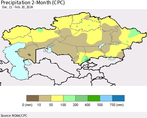 Kazakhstan Precipitation 2-Month (CPC) Thematic Map For 12/21/2023 - 2/20/2024