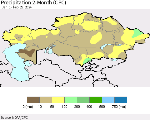 Kazakhstan Precipitation 2-Month (CPC) Thematic Map For 1/1/2024 - 2/29/2024