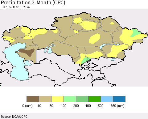 Kazakhstan Precipitation 2-Month (CPC) Thematic Map For 1/6/2024 - 3/5/2024