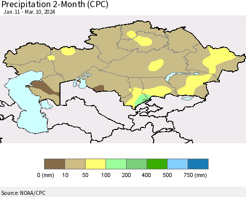 Kazakhstan Precipitation 2-Month (CPC) Thematic Map For 1/11/2024 - 3/10/2024